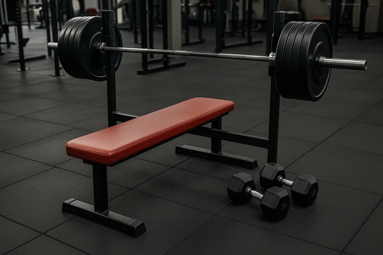 Banco de pesas profesional con barra cargada y mancuernas de 20 kilos al costado. Equipamiento para entrenamientos de fuerza y press banca.