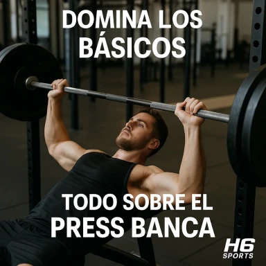 Hombre musculoso levantando pesas en press banca, representando fuerza y técnica en un gimnasio, imagen realista para H6 Sports.
