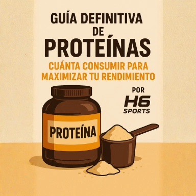 Portada de la guía definitiva de proteínas de H6 Sports con un bote y un medidor de proteína en polvo, destacando el título "Guía Definitiva de Proteínas: Cuánta consumir para maximizar tu rendimiento".