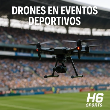 Dron grabando un evento deportivo al aire libre, representando la innovación tecnológica en el deporte con H6 Sports.