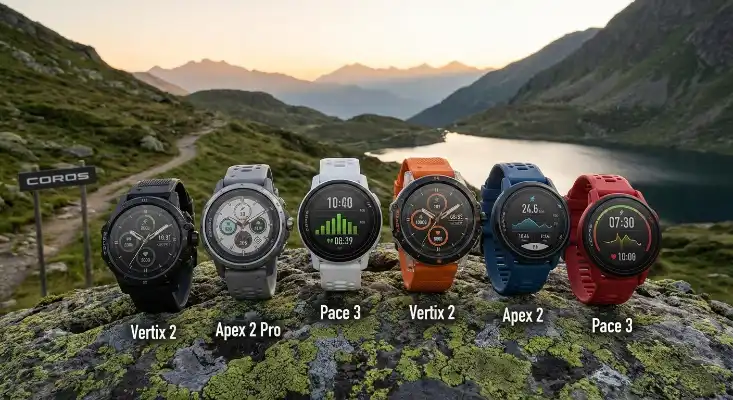 Seis relojes deportivos Coros (modelos Vertix 2, Apex 2 Pro, Pace 3 y Apex 2) en diversos colores como naranja, azul y rojo, dispuestos sobre una roca en un paisaje de montaña con un lago al fondo.