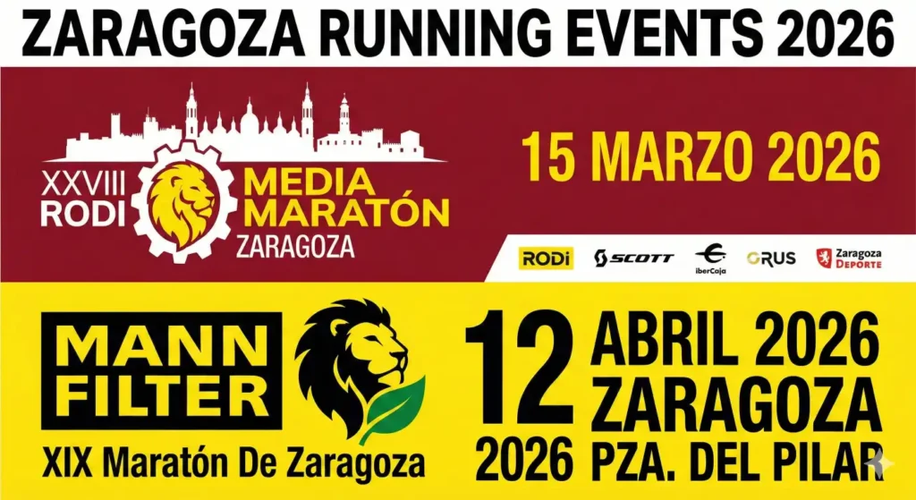 Cartel de la XXVIII Rodi Media Maratón Zaragoza (15 de marzo) y de la XIX Maratón de Zaragoza Mann Filter (12 de abril) para 2026.