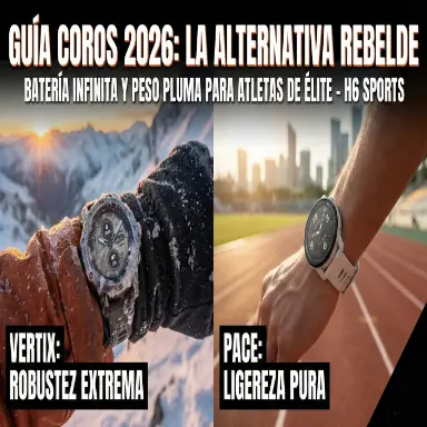 Imagen dividida que muestra a la izquierda el reloj Coros Vertix cubierto de nieve (robustez extrema) y a la derecha el Coros Pace en una pista de atletismo (ligereza pura).