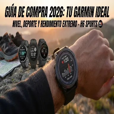 Portada de la guía de compra Garmin 2026 mostrando un reloj Fenix en primer plano con métricas de Trail Run y los modelos Forerunner, Instinct y Venu de fondo.