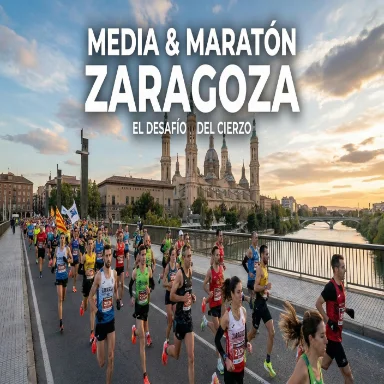 Gran grupo de corredores cruzando un puente en Zaragoza con la Basílica del Pilar de fondo durante la preparación para el Maratón 2026.