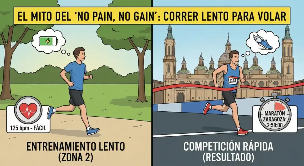 nfografía dividida que ilustra el beneficio de entrenar por zonas. A la izquierda, un corredor entrena suave en Zona 2 (125 bpm) recargando energía. A la derecha, el resultado es una competición rápida en el Maratón de Zaragoza cruzando la meta en 2:58:00.