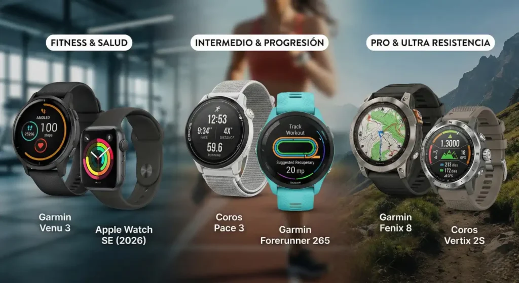 Infografía de los mejores relojes deportivos de 2026: Garmin Venu 3, Apple Watch SE, Coros Pace 3, Garmin Forerunner 265, Garmin Fenix 8 y Coros Vertix 2S.
