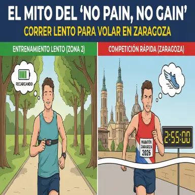 Portada informativa: Corredor entrenando en Zona 2 con banda de pecho vs. el mismo corredor ganando el Maratón de Zaragoza 2026 en 2:55:00.
