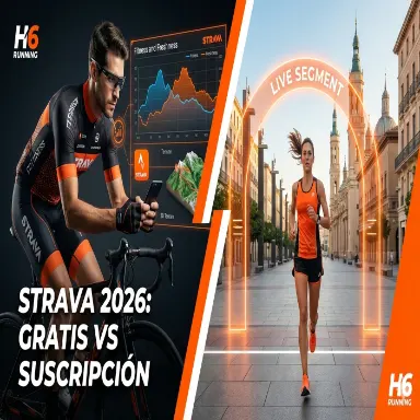 Imagen dividida: a la izquierda un ciclista analizando datos de 'Fitness and Freshness' en Strava; a la derecha, una corredora pasando por un arco digital de 'Live Segment' en Zaragoza.