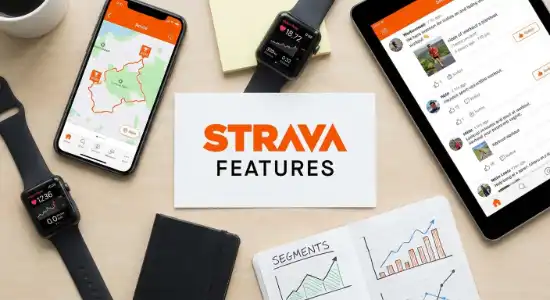 Composición de dispositivos mostrando las funciones de Strava: rutas en móvil, métricas en smartwatch y feed social en tablet, junto a una tarjeta central que dice 'STRAVA FEATURES'.