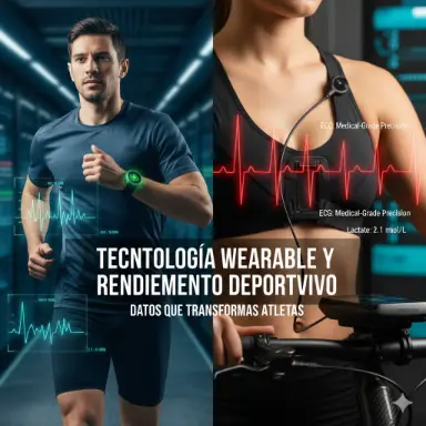 Atletas utilizando reloj inteligente con sensor PPG y banda de pecho con monitorización ECG en tiempo real.